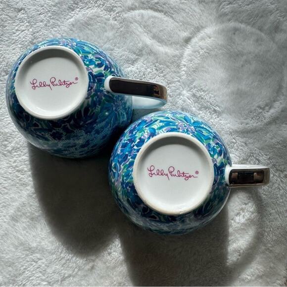 2PC Set Lilly Pulitzer Blue & Green Tea or Coffee Cups with Gold Trim - Picture 6 of 7